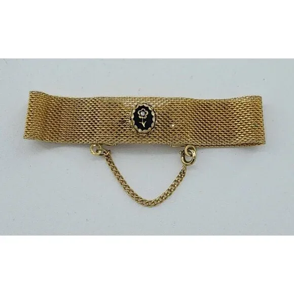 Unbranded Gold Tone Mesh Bracelet w/ Safety Chain Black Flower Cameo Rhinestone - Picture 4 of 8